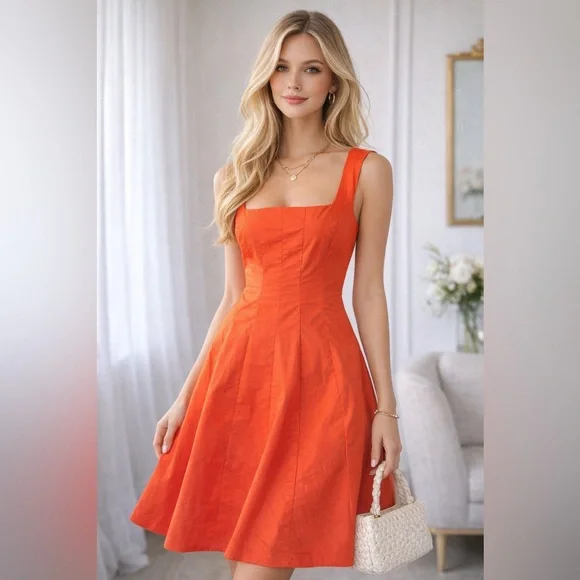 Ann Taylor NWT Orange Fit & Flare Dress Size 2 Cotton Square Neck Midi - Picture 1 of 10